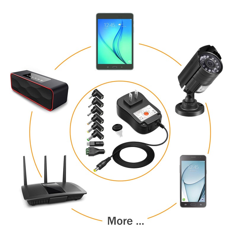 Powseed محول طاقة عالمي Powseed 45W مع منفذ USB 5V 2A 5V 6V 7.5V 9V 12V 13.5V 15V 3A 2A 1A وكابل طاقة DC مع 8 رؤوس Micro USB 5.5x2.1mm 5.5x2.5mm لمكبر الصوت وكاميرا الويب وأضواء شريط LED - Image 5